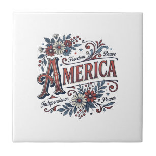 Azulejo Diseño de camisa floral patriótica Vintage Merica_