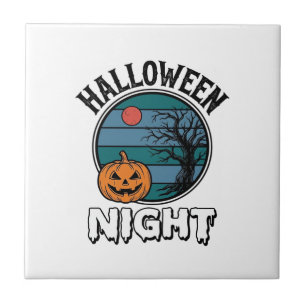 Azulejo Diseño de camiseta de árbol de calabaza de noche d