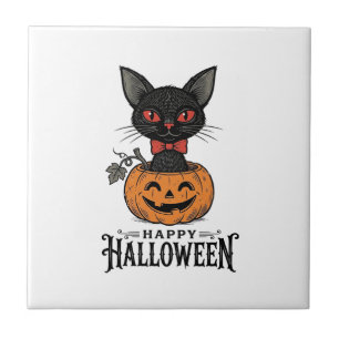 Azulejo Diseño de camiseta de calabaza de gato negro de Ha