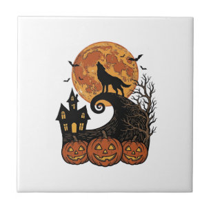 Azulejo Diseño de camiseta de calabaza de luna de lobo de