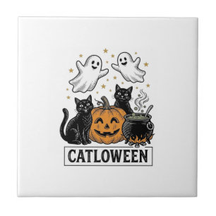 Azulejo Diseño de camiseta de Halloween de gato fantasma v
