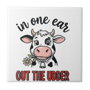 Azulejo Diseño de camiseta de vaca divertida con una oreja