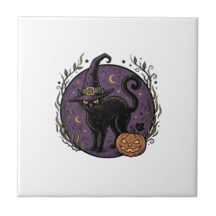 Azulejo Diseño de camiseta vectorial de Halloween de gato