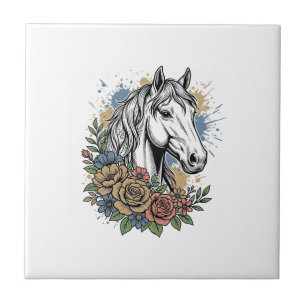 Azulejo Diseño de camiseta vectorial floral de caballo gra