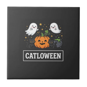 Azulejo Diseño de Catloween Gato Fantasma Lindo Halloween_