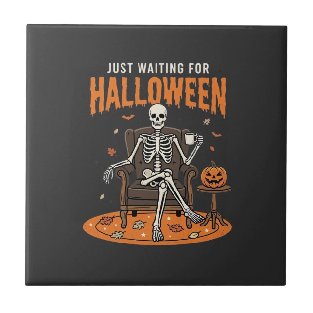 Azulejo Diseño de esqueleto solo esperando Halloween_1 (Frente)