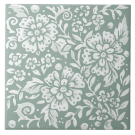 Azulejo Diseño de flor floral blanca verde de sabio bonito