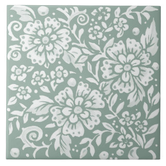 Azulejo Diseño de flor floral blanca verde de sabio bonito