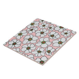 Azulejo Diseño de flor silvestre blanca sobre rosa