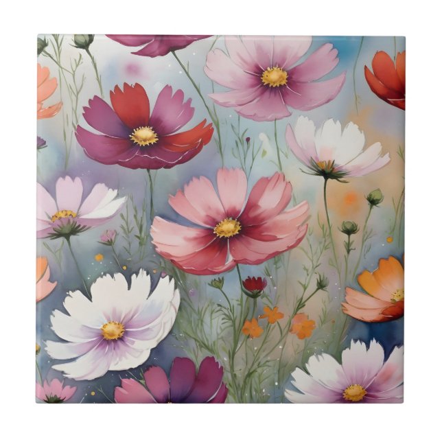 Azulejo Diseño de flores de cosmos coloridas (Frente)