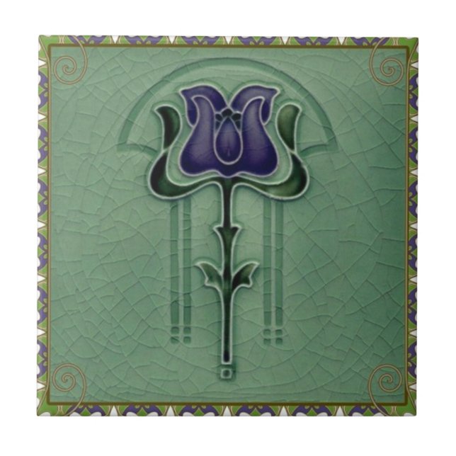Azulejo Diseño de flores de estilo Art Nouveau azul (Frente)