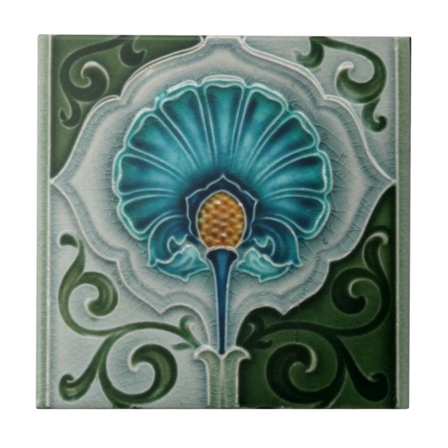 Azulejo Diseño de flores de estilo Art Nouveau azul (Frente)