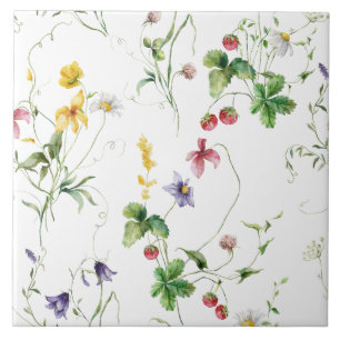 Azulejo Diseño de Fresa con Enredaderas Florales Elegantes