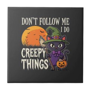 Azulejo Diseño de gato bruja de Halloween cosas espeluznan