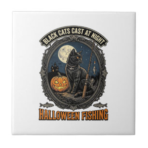 Azulejo Diseño de gato de pesca de Halloween calabaza vint