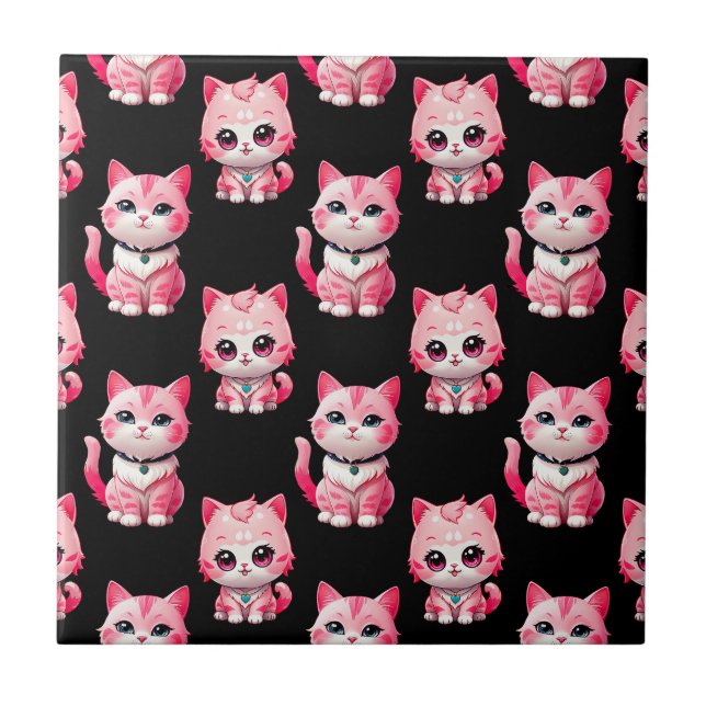 Azulejo Diseño de gatos kawaii rosados (Frente)