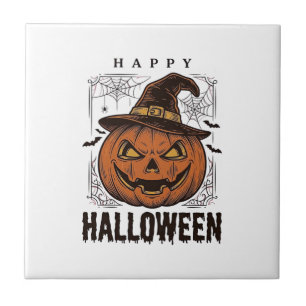Azulejo Diseño de grabado de calabaza feliz Halloween vint