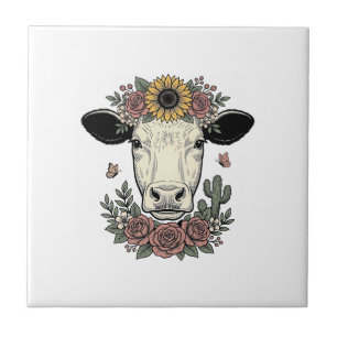Azulejo diseño de grabado vintage de cabeza de vaca floral