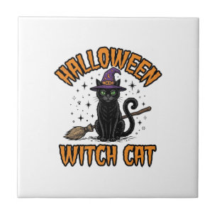 Azulejo Diseño de grabado vintage de gato bruja de Hallowe