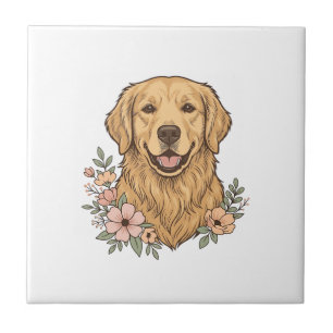 Azulejo Diseño de grabado vintage floral de Golden Retriev