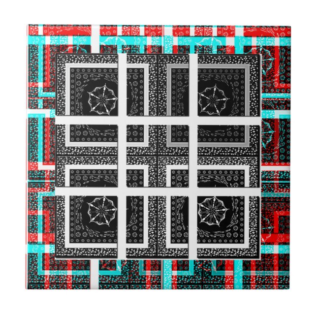 Azulejo Diseño de gráficos negros, blancos y rojos bajo co (Frente)