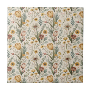 Azulejo Diseño de jardín floral de margaritas y tulipanes 