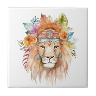 Azulejo Diseño de león hippie cutáneo boho acuarela