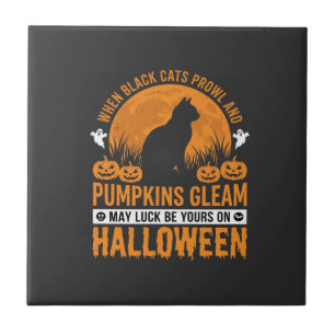 Azulejo Diseño de Luna de Calabaza de Gato Negro de Hallow
