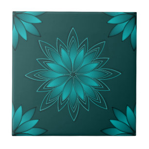Azulejo Diseño de Mandala de Hoja Verde Azulada en Cian Os