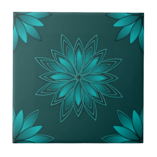 Azulejo Diseño de Mandala de Hoja Verde Azulada sobre Cian