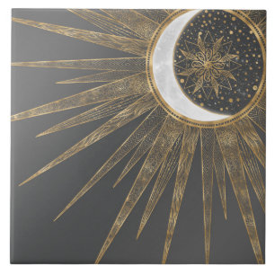 Azulejo Diseño de Mandala de Sol y Luna con Doodles de Oro