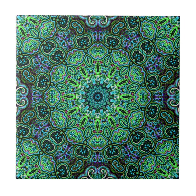 Azulejo diseño de mandala verde esmeralda (Frente)