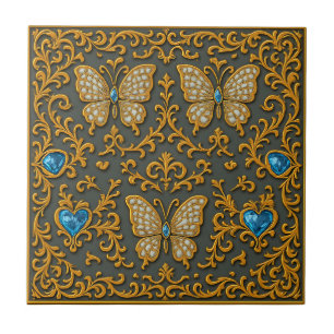Azulejo Diseño de mariposa decorativa en oro y azul