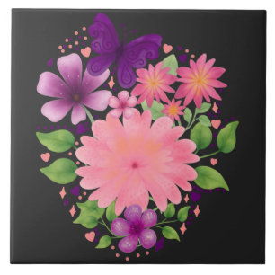 Azulejo Diseño de mariposa floral rosa en acuarela