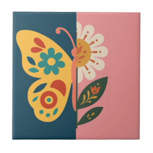 Azulejo Diseño de mariposa y flor colorido