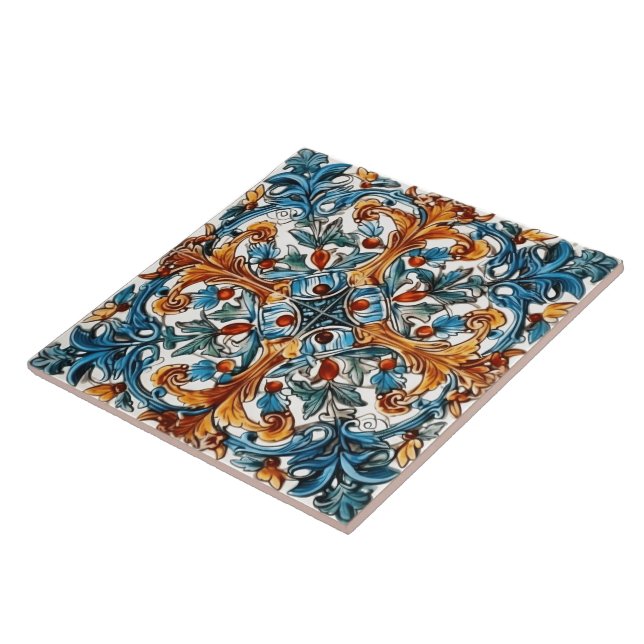 Azulejo Diseño de mosaicos florales en azul y oro (Lado)