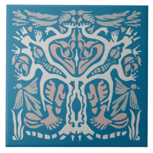 Azulejo Diseño de naturaleza simétrica árbol de pájaros az