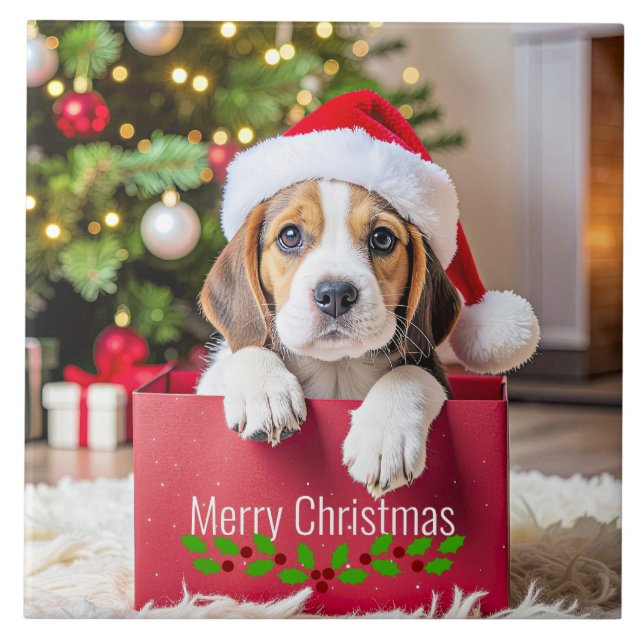 Azulejo Diseño de Navidad de cachorro de Beagle, (Frente)