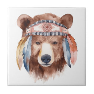 Azulejo Diseño de oso hippie cutáneo boho acuarela