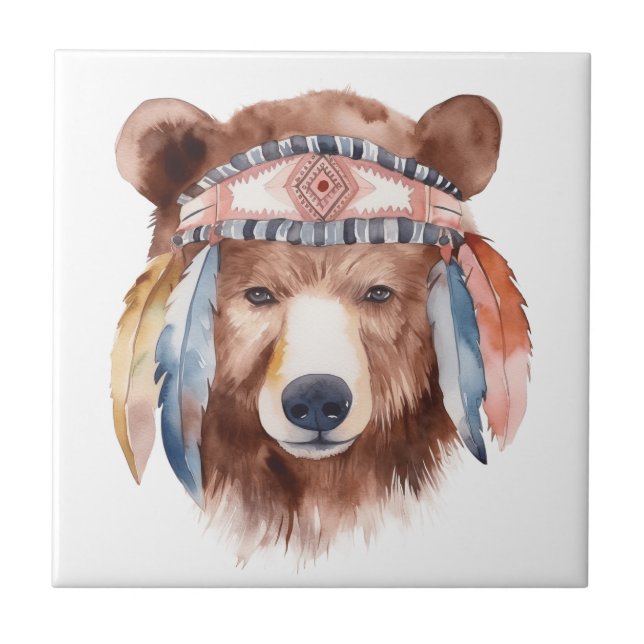 Azulejo Diseño de oso hippie cutáneo boho acuarela (Frente)