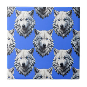 Azulejo Diseño de patrón de cabeza de lobo blanco azul