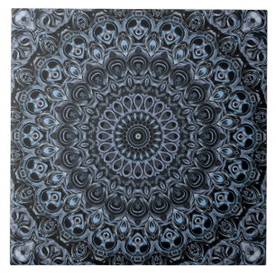 Azulejo Diseño de patrón de mandala azul oscuro y negro