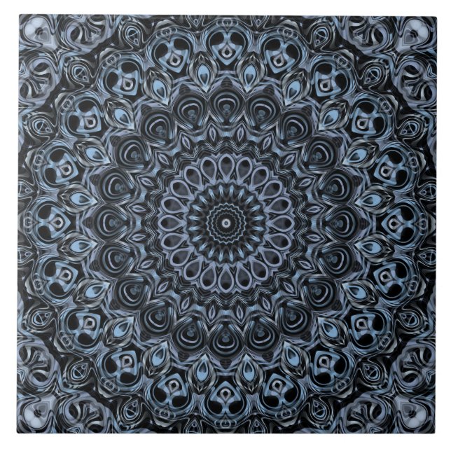 Azulejo Diseño de patrón de mandala azul oscuro y negro (Frente)