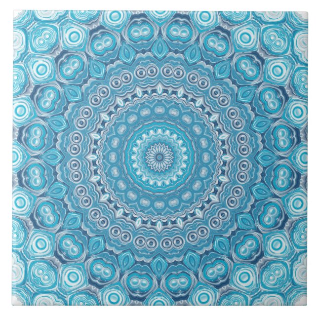Azulejo Diseño de patrón de mandala azul y blanco (Frente)