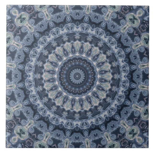 Azulejo Diseño de Patrón de Mandala Azul y Plateado (Frente)