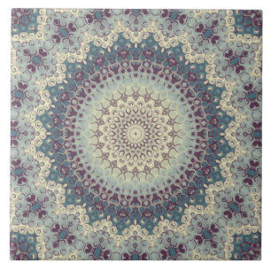 Azulejo Diseño de patrón de mandala en azul verdoso y crem