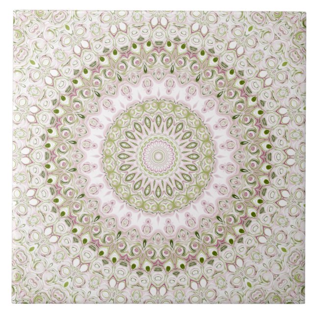 Azulejo Diseño de patrón de mandala floral rosa y verde (Frente)