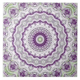 Azulejo Diseño de patrón de mandala púrpura y verde
