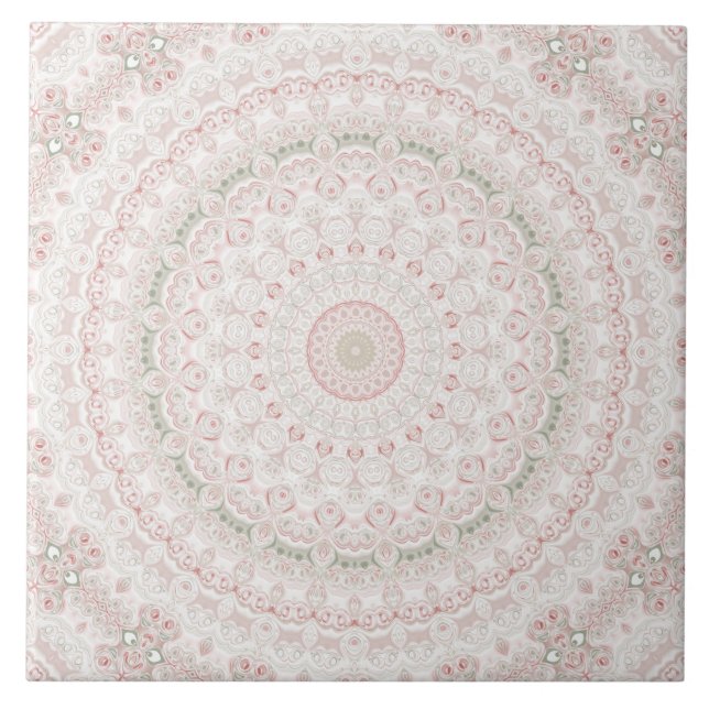 Azulejo Diseño de Patrón de Mandala Rosa Pastel y Verde (Frente)