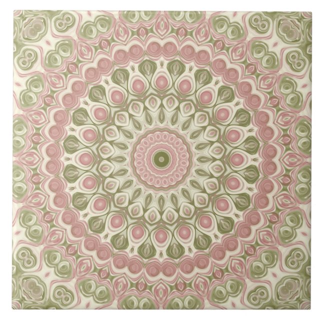 Azulejo Diseño de Patrón de Mandala Rosa y Verde (Frente)